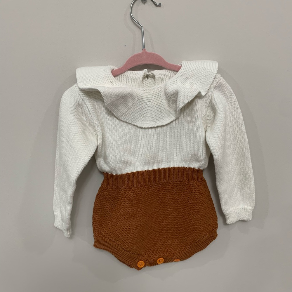 Baby girl 6-12m knit romper ivory brown fall